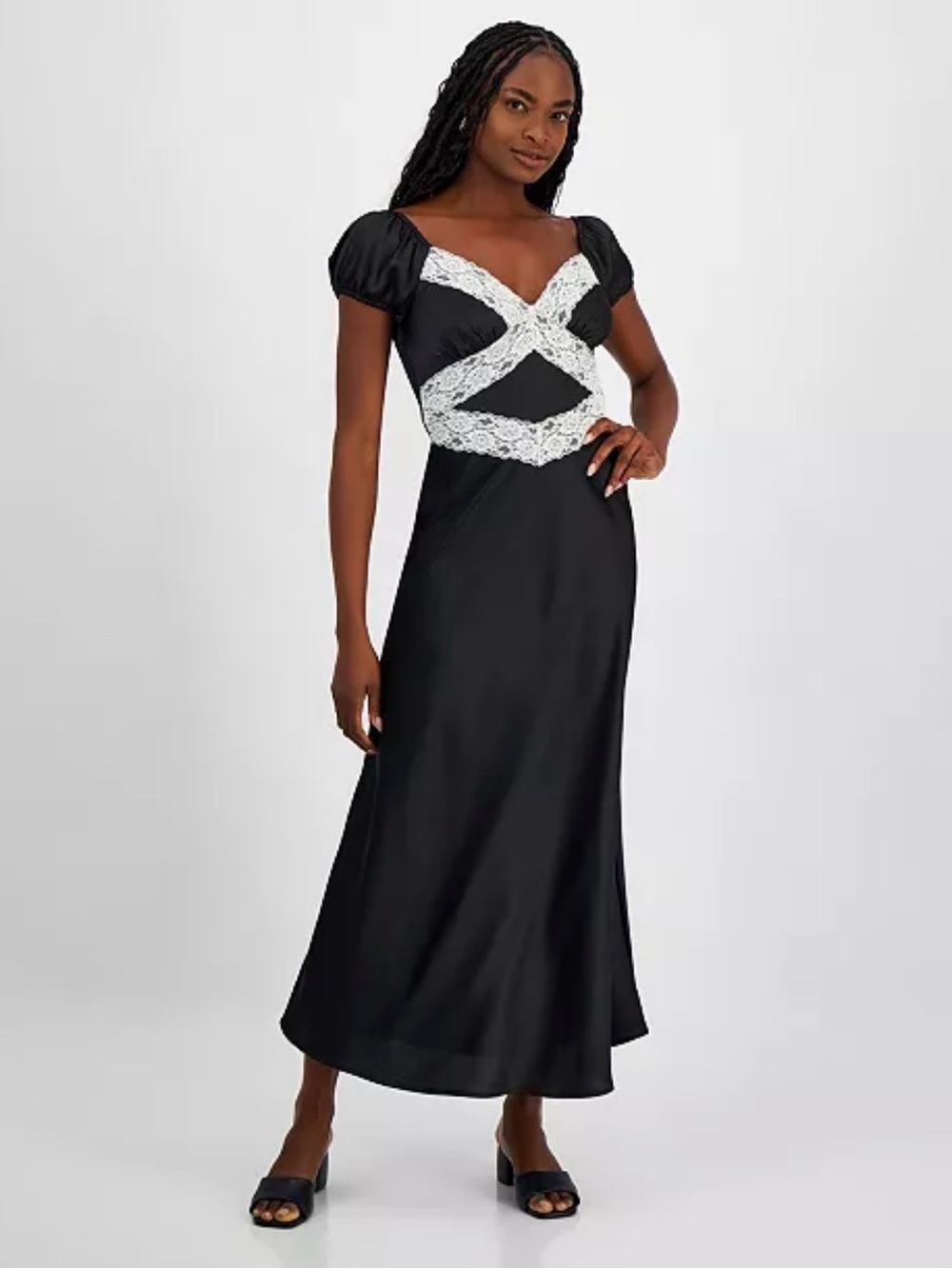 Black Satin Contrast Lace Maxi Dress